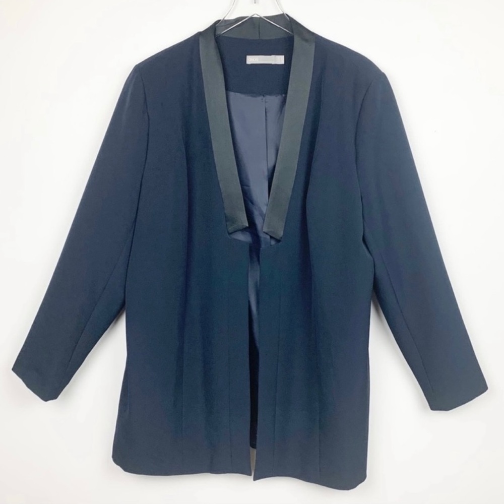 ASOS Longline Navy Blue and Black Trim Tuxedo Open Jacket Size 18